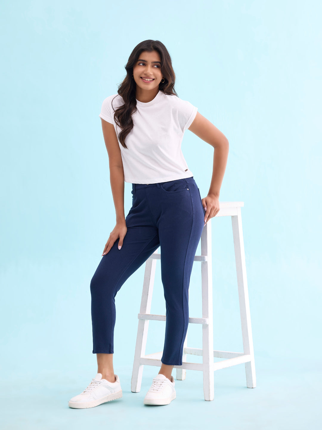 Navy Cotton Poly Stretch Cropped Colored Jeggings