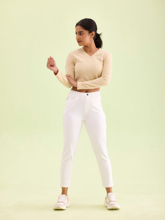 White Cotton Poly Stretch Cropped Colored Jeggings