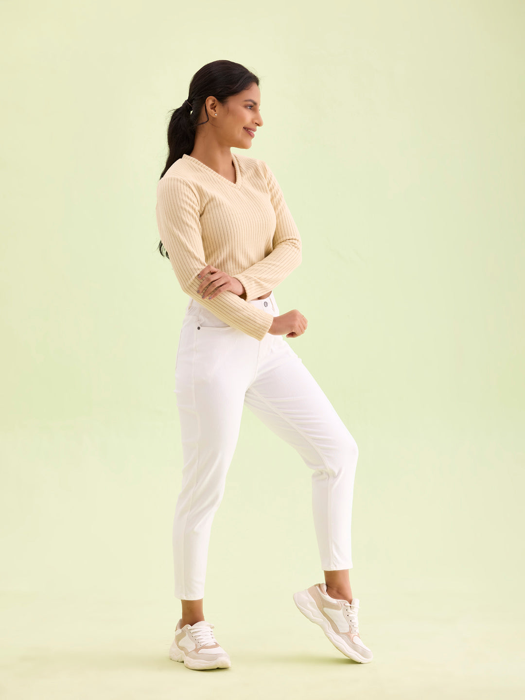 White Cotton Poly Stretch Cropped Colored Jeggings