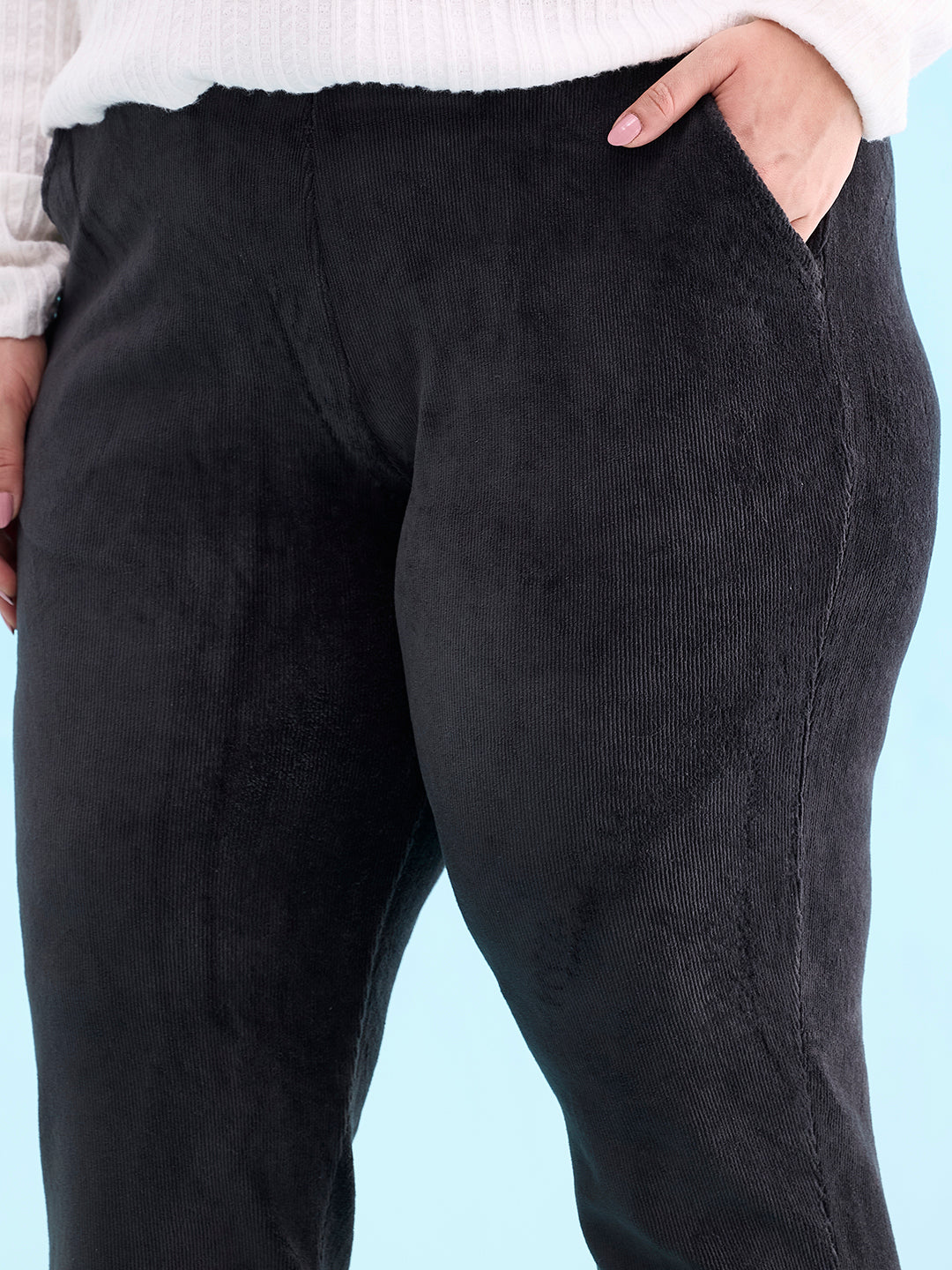 Black Cotton Polyester Corduroy Jeggings