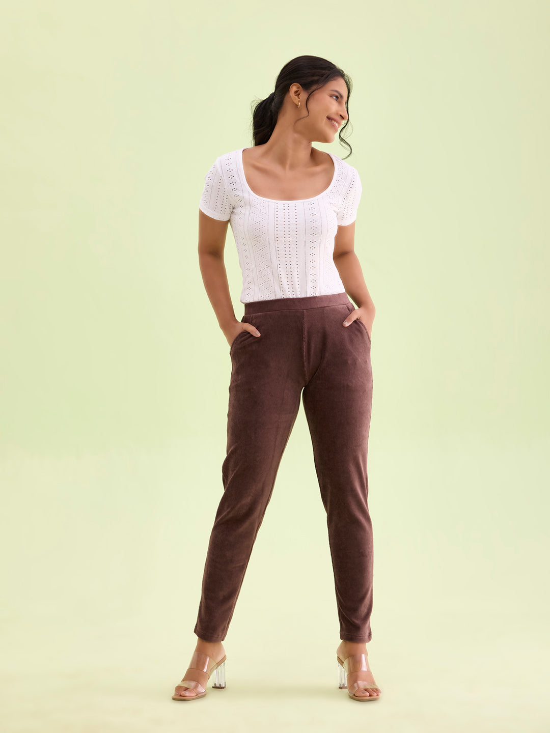 Dark Brown Cotton Polyester Corduroy Jeggings