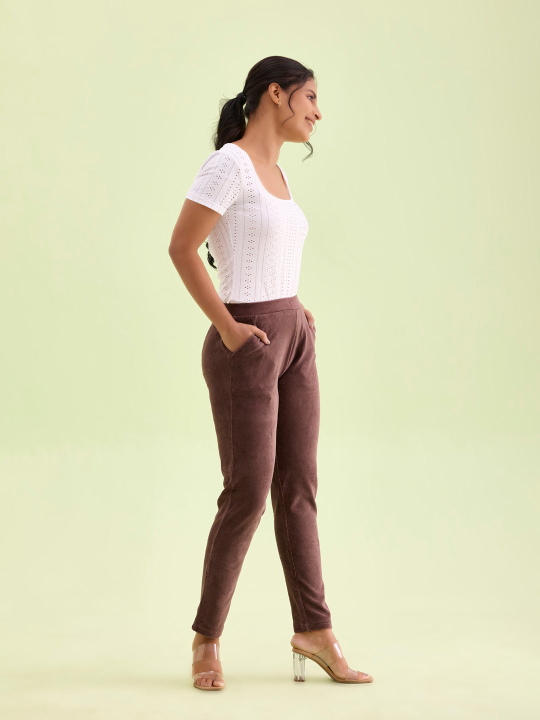 Dark Brown Cotton Polyester Corduroy Jeggings