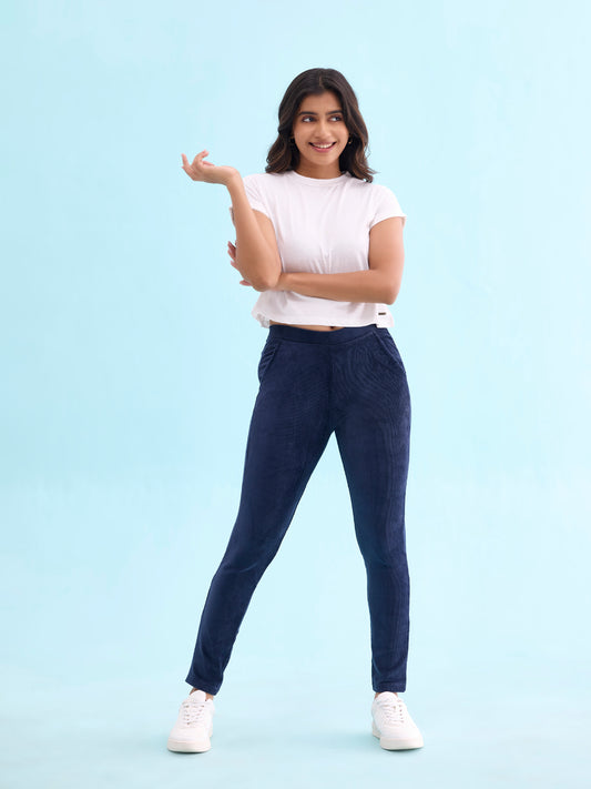 Navy Cotton Polyester Corduroy Jeggings