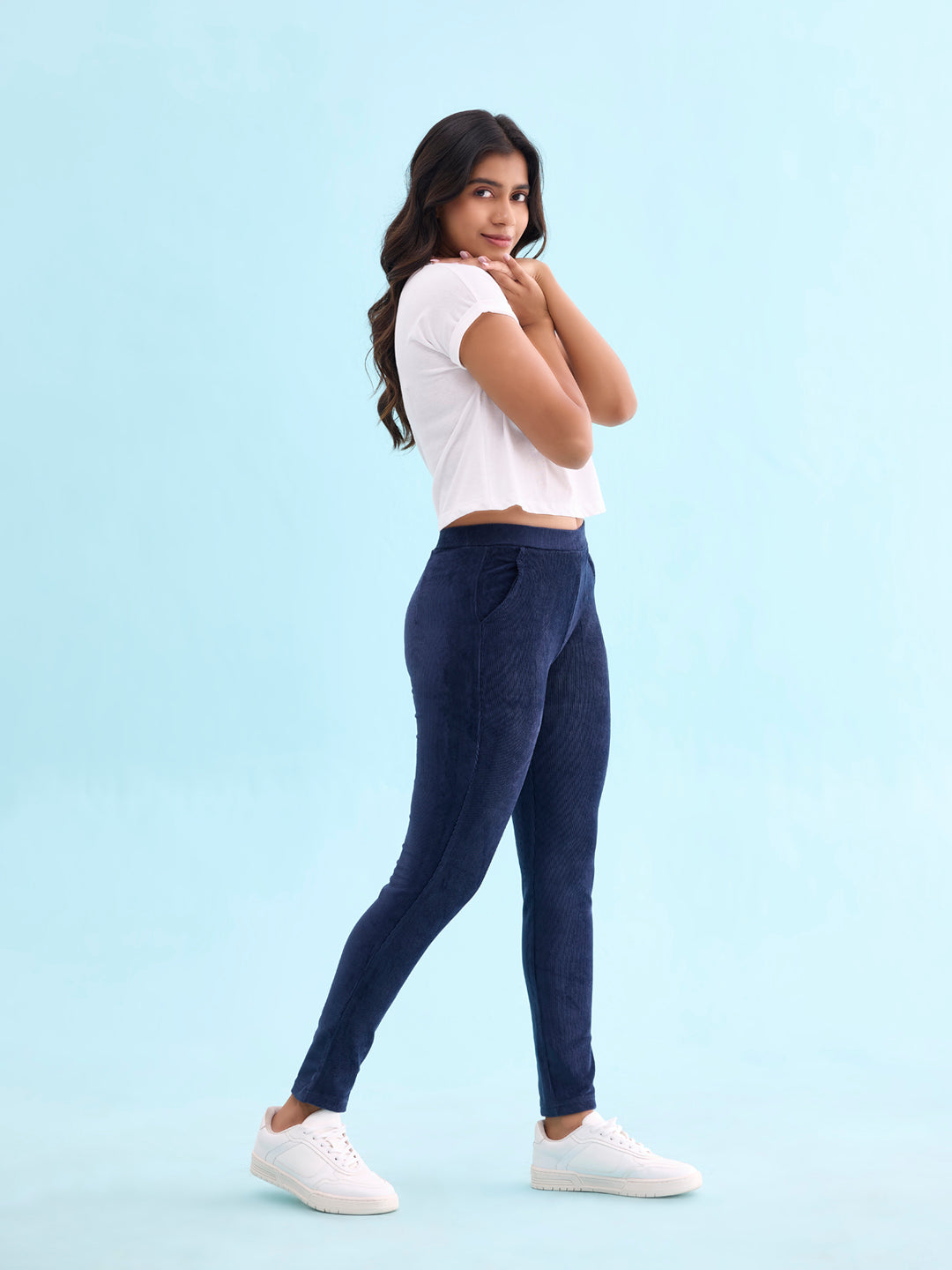 Navy Cotton Polyester Corduroy Jeggings