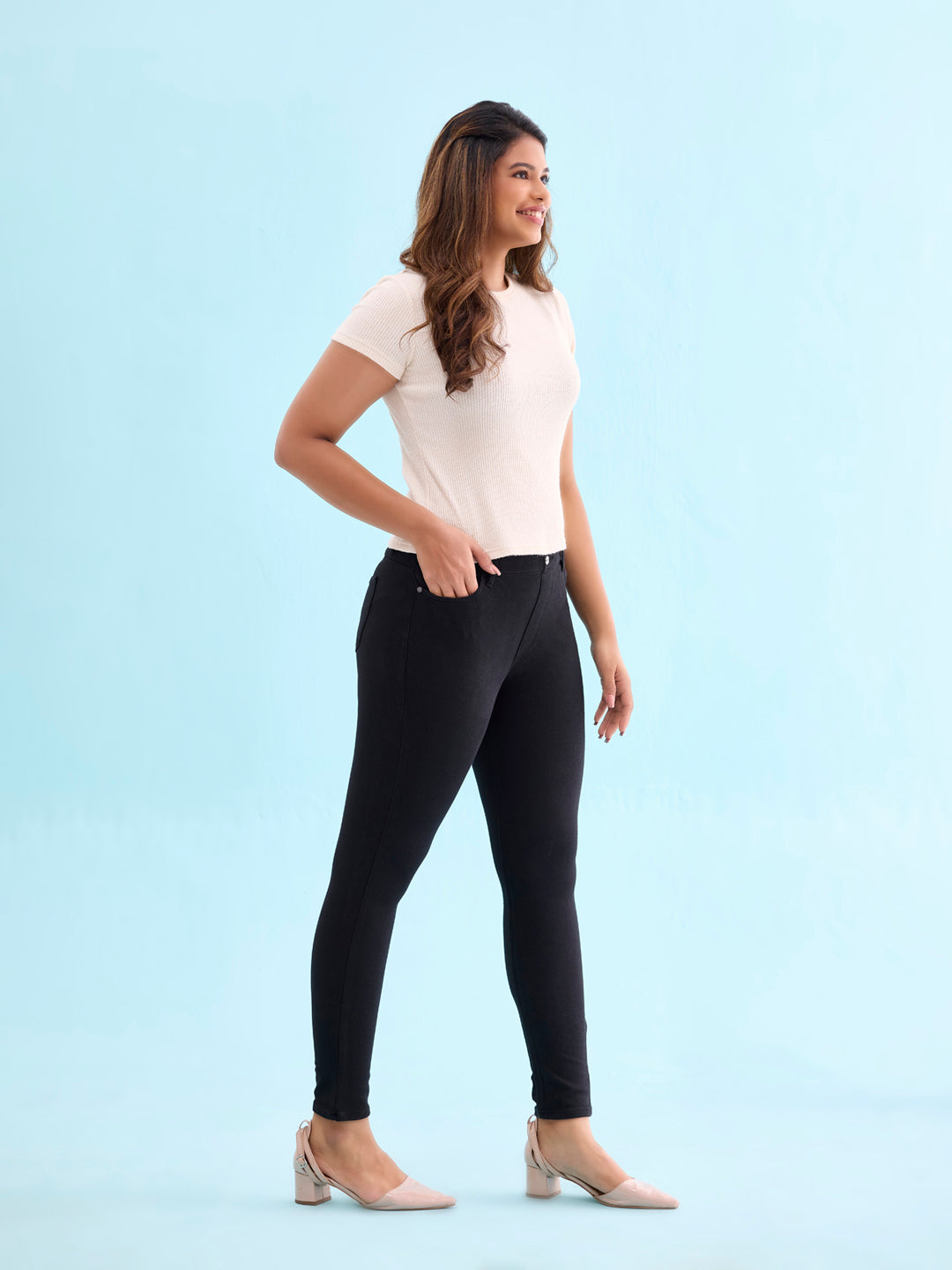 Black Cotton Polyester Warm Super Stretch Jeggings