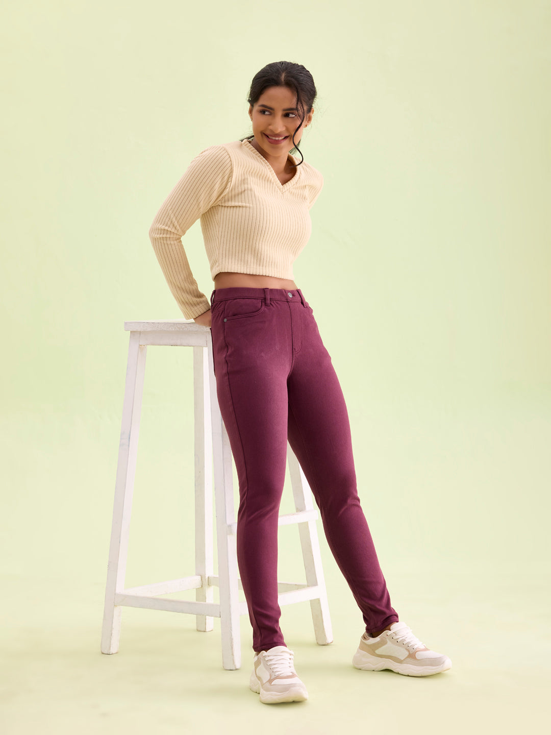 Dark Wine Cotton Polyester Warm Super Stretch Jeggings