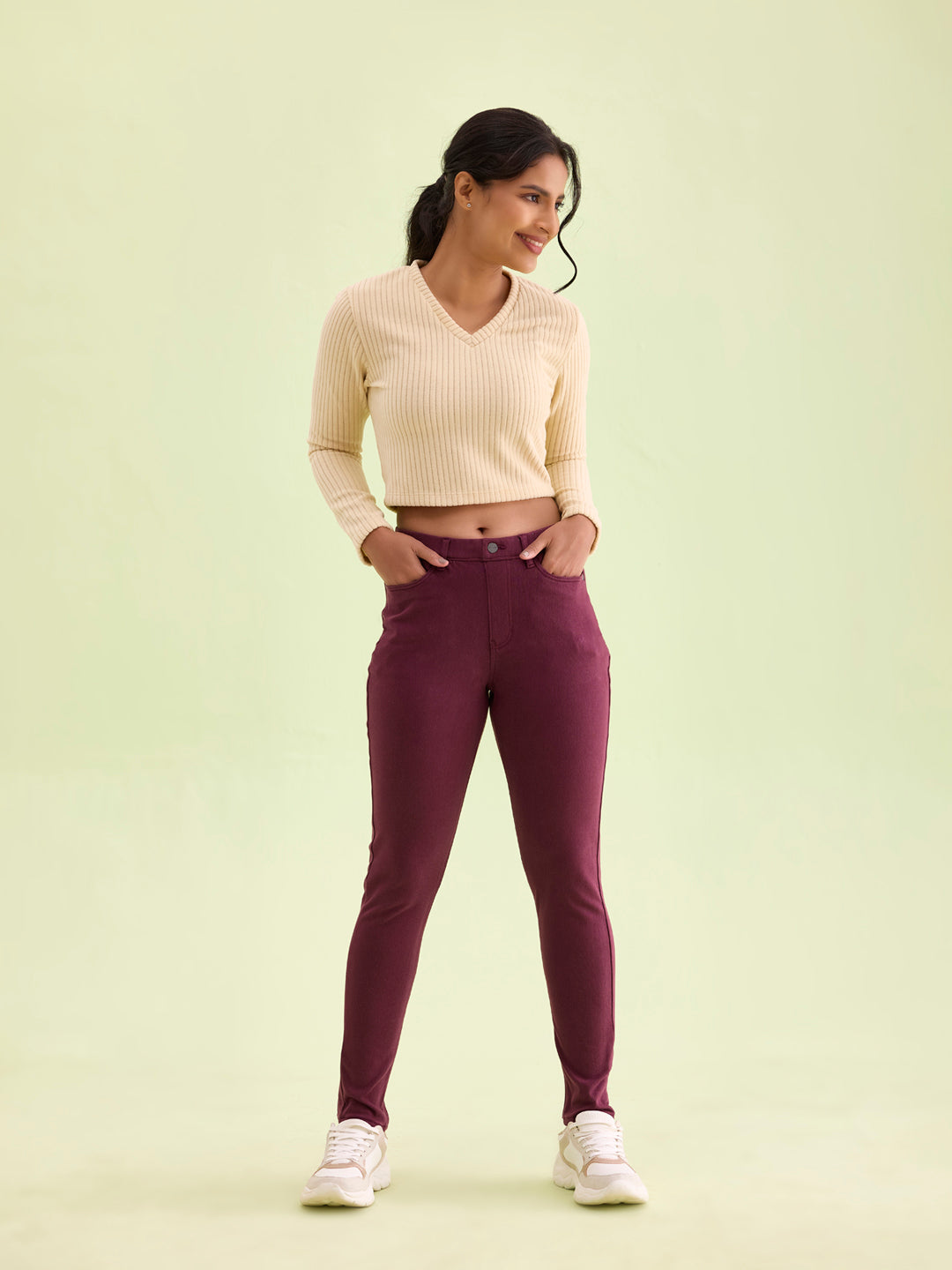 Dark Wine Cotton Polyester Warm Super Stretch Jeggings