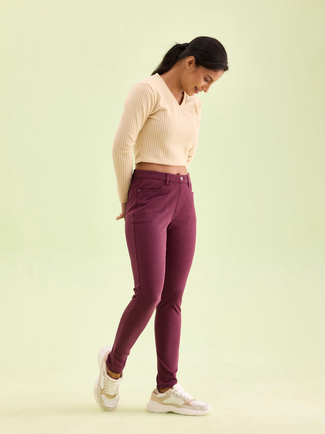 Dark Wine Cotton Polyester Warm Super Stretch Jeggings