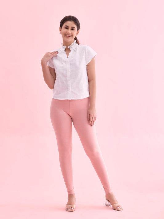 Baby Pink Cotton Stretch Ankle Length Leggings