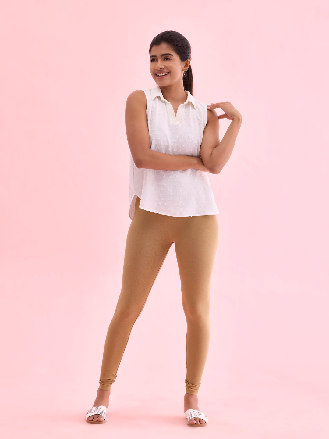 Beige Cotton Stretch Ankle Length Leggings