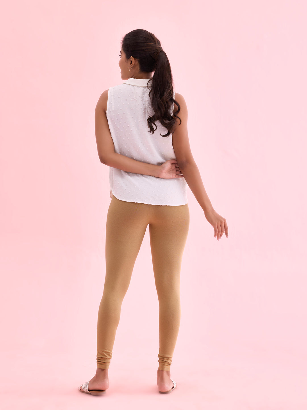 Beige Cotton Stretch Ankle Length Leggings