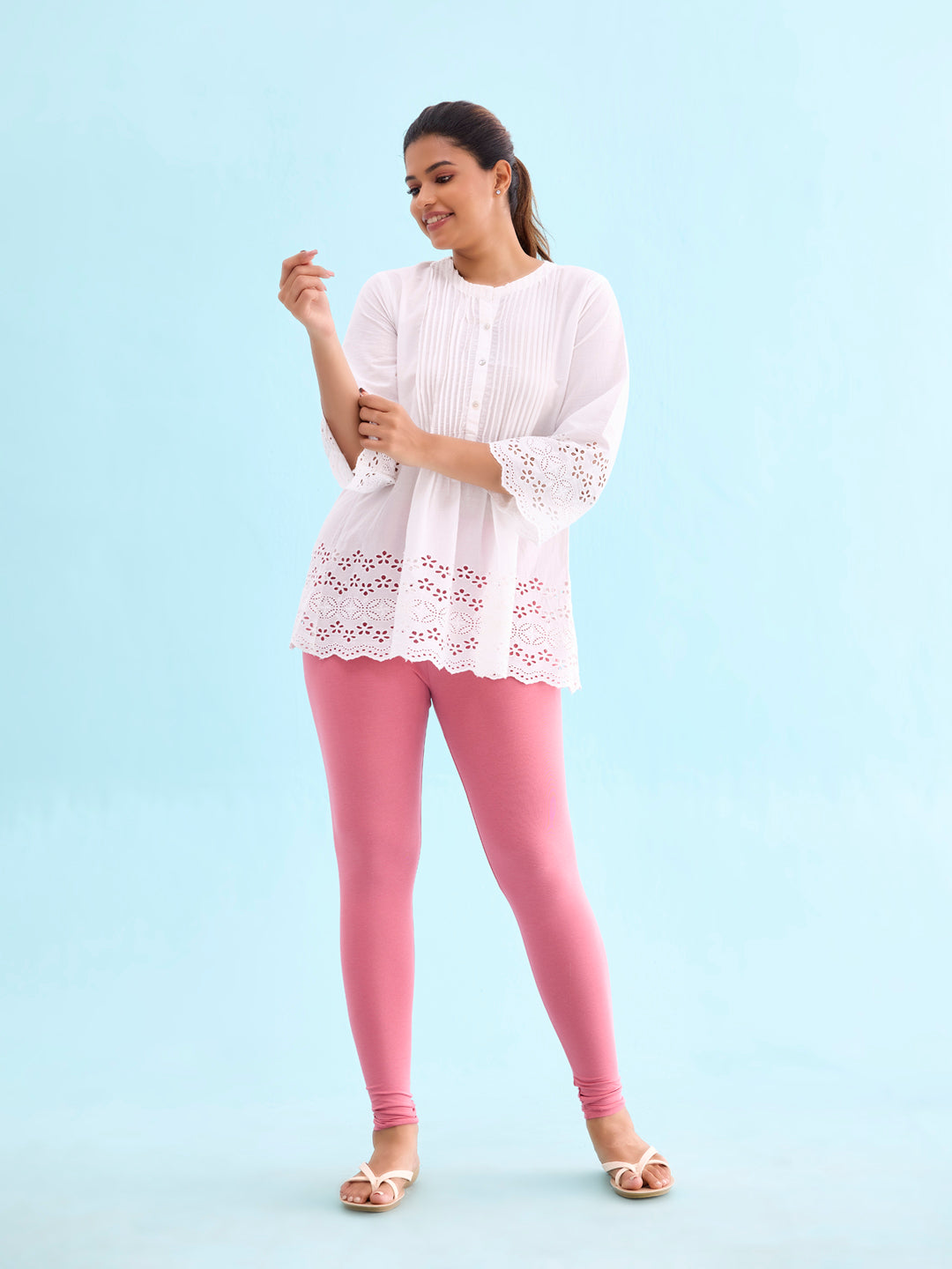 Blush Pink Cotton Stretch Ankle Length Leggings