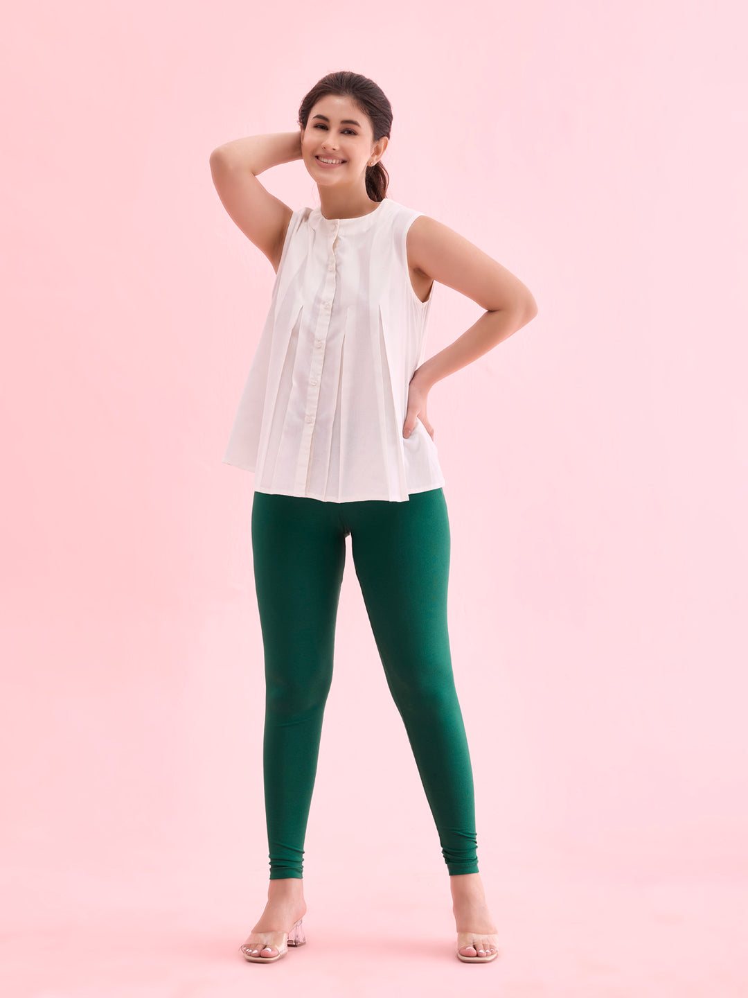 Bottle Green Cotton Stretch Ankle Length Leggings