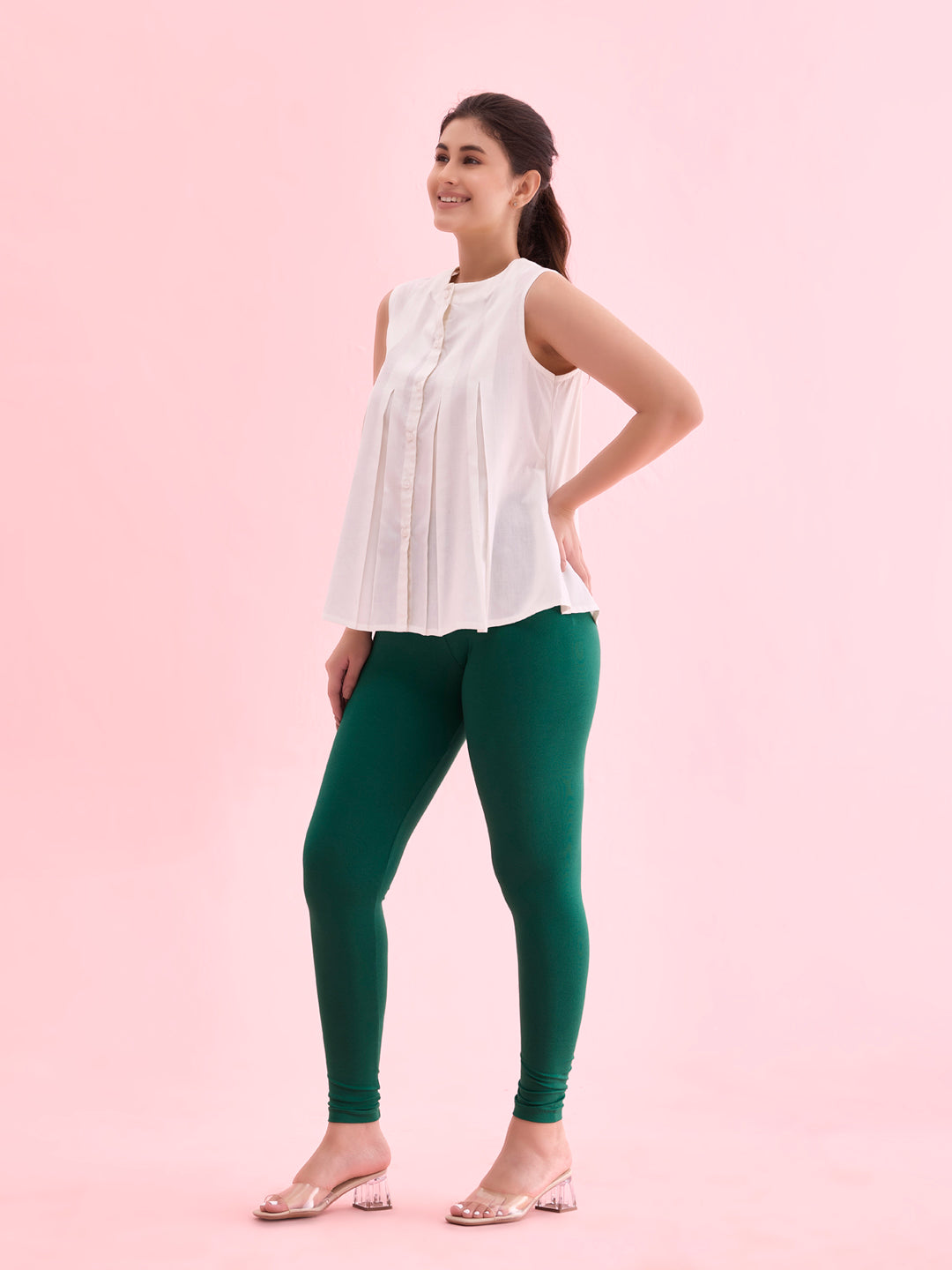 Bottle Green Cotton Stretch Ankle Length Leggings