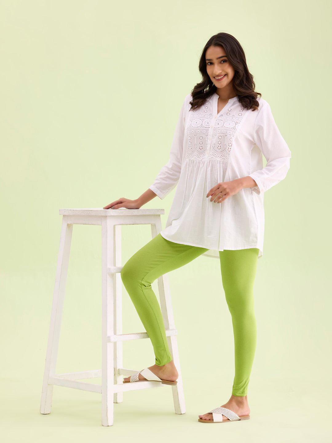 Bright Green Cotton Stretch Ankle Length Leggings