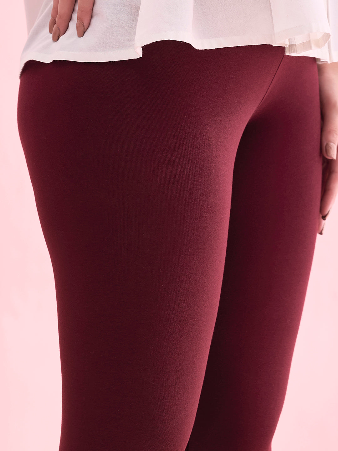 Bright Maroon Cotton Stretch Ankle Length Leggings