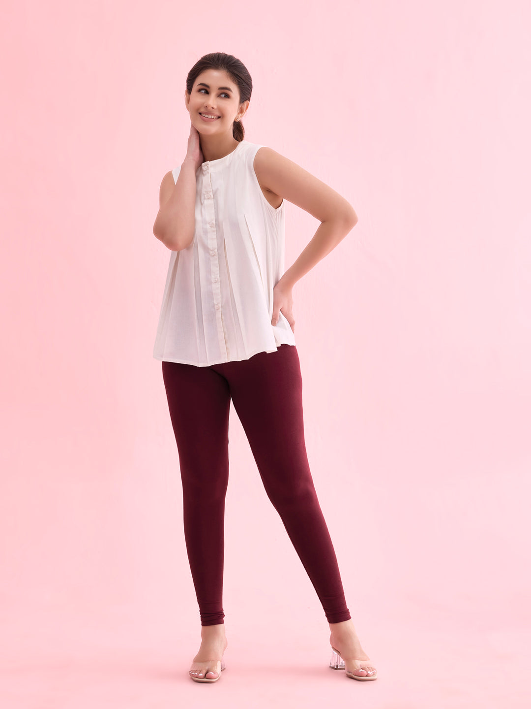 Bright Maroon Cotton Stretch Ankle Length Leggings