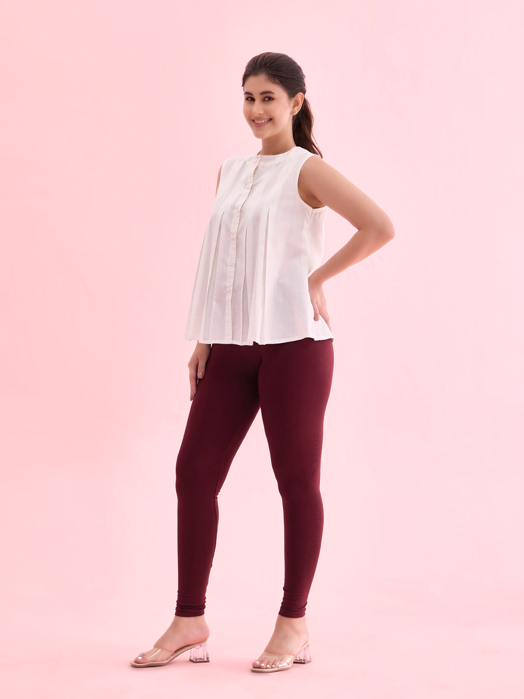 Bright Maroon Cotton Stretch Ankle Length Leggings S