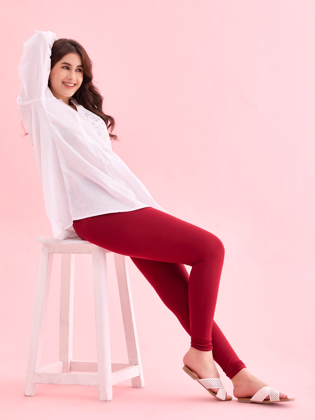 Bright Red Cotton Stretch Ankle Length Leggings