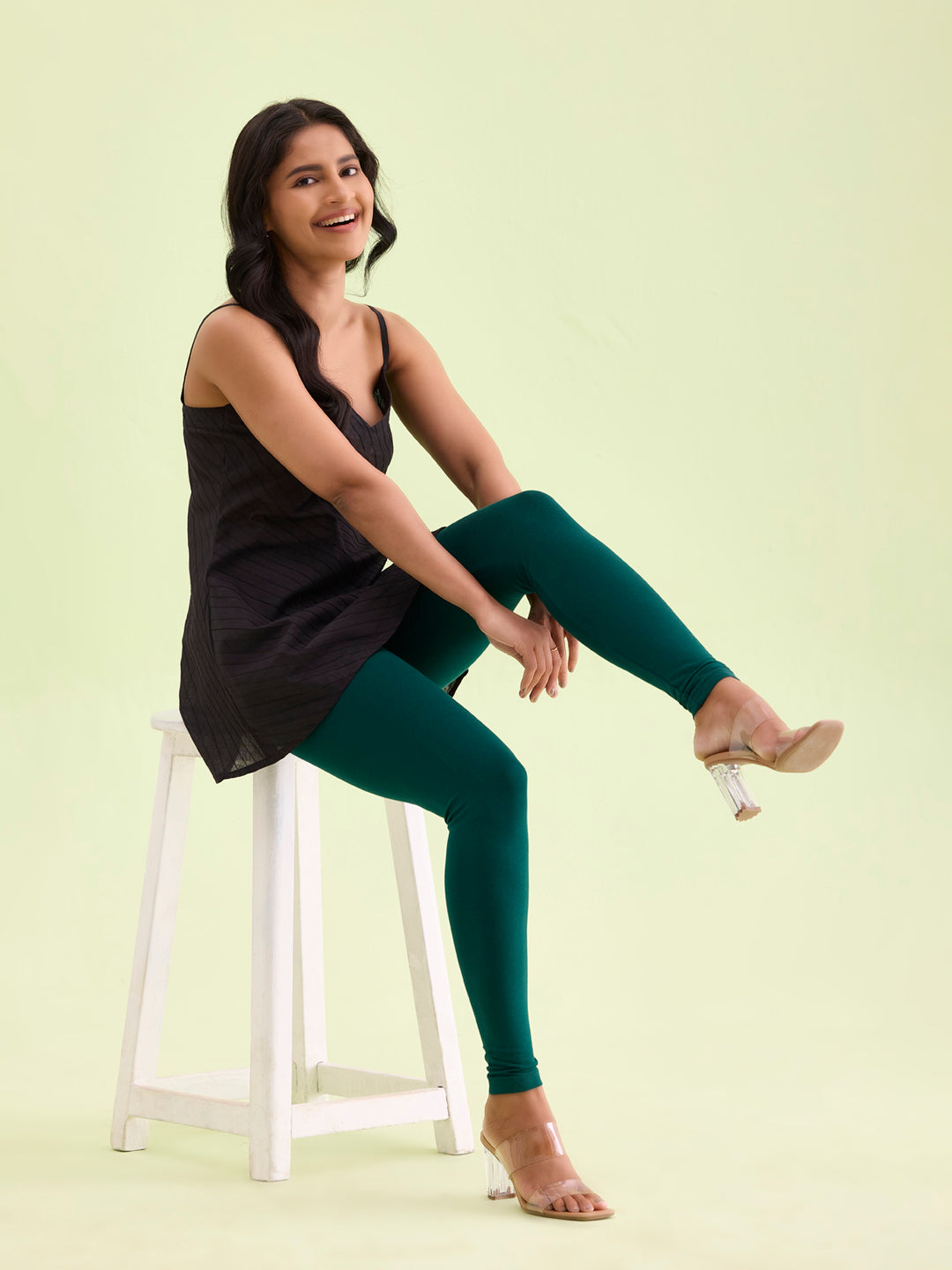 Dark Green Cotton Stretch Ankle Length Leggings