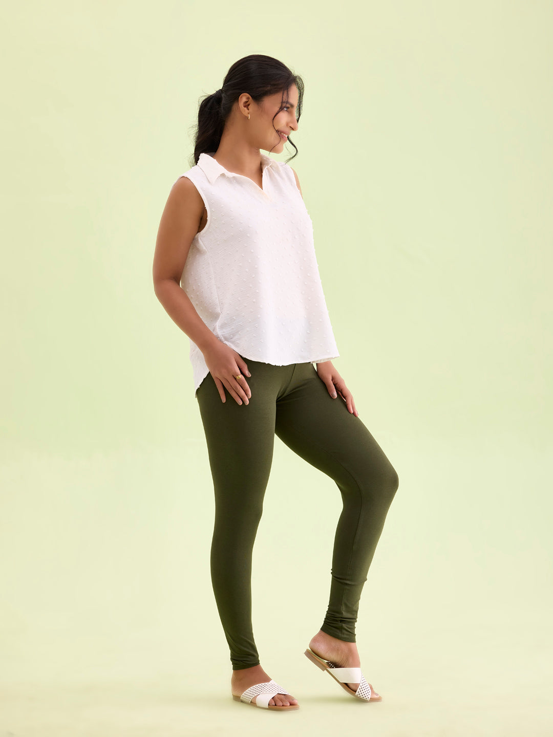 Dark Olive Cotton Stretch Ankle Length Leggings S - Main Image