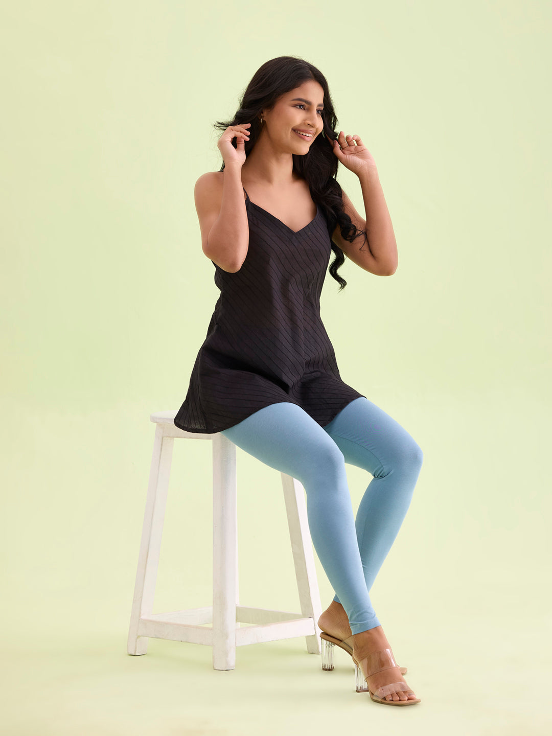 Dusty Blue Cotton Stretch Ankle Length Leggings