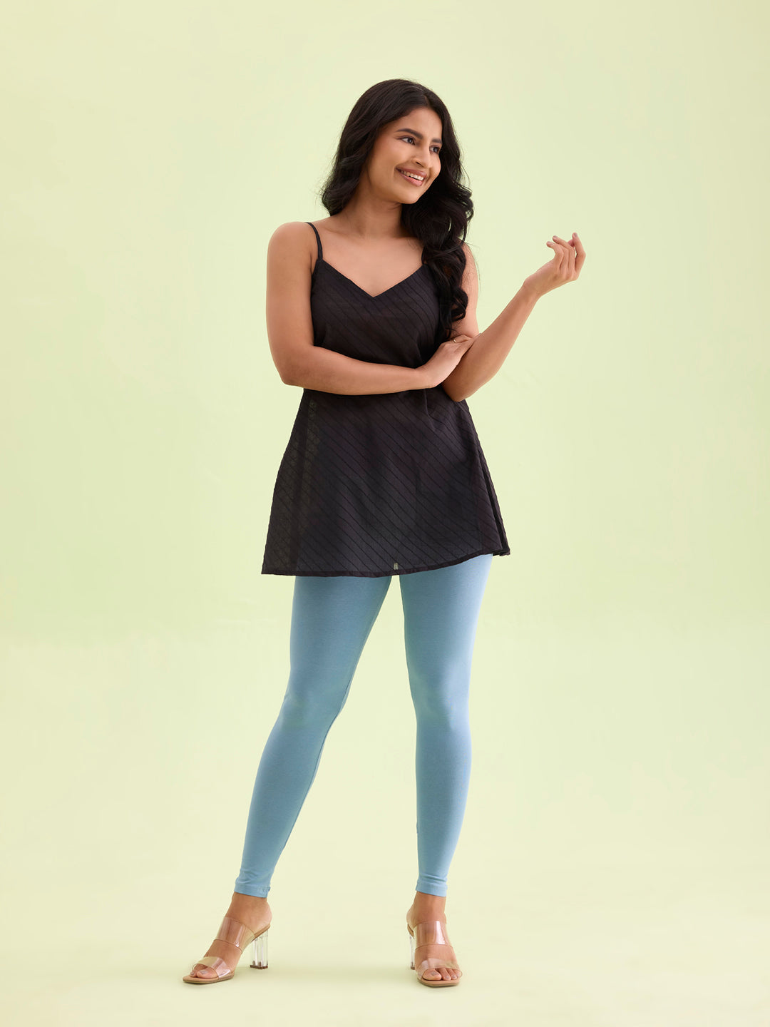 Dusty Blue Cotton Stretch Ankle Length Leggings