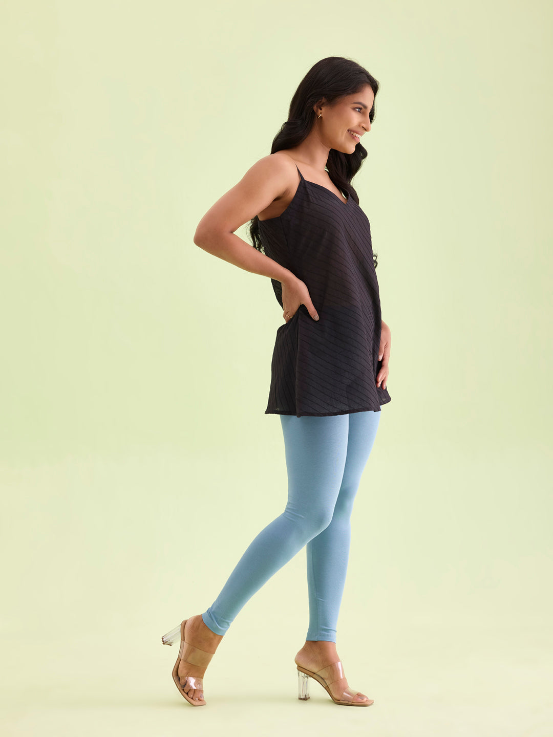 Dusty Blue Cotton Stretch Ankle Length Leggings