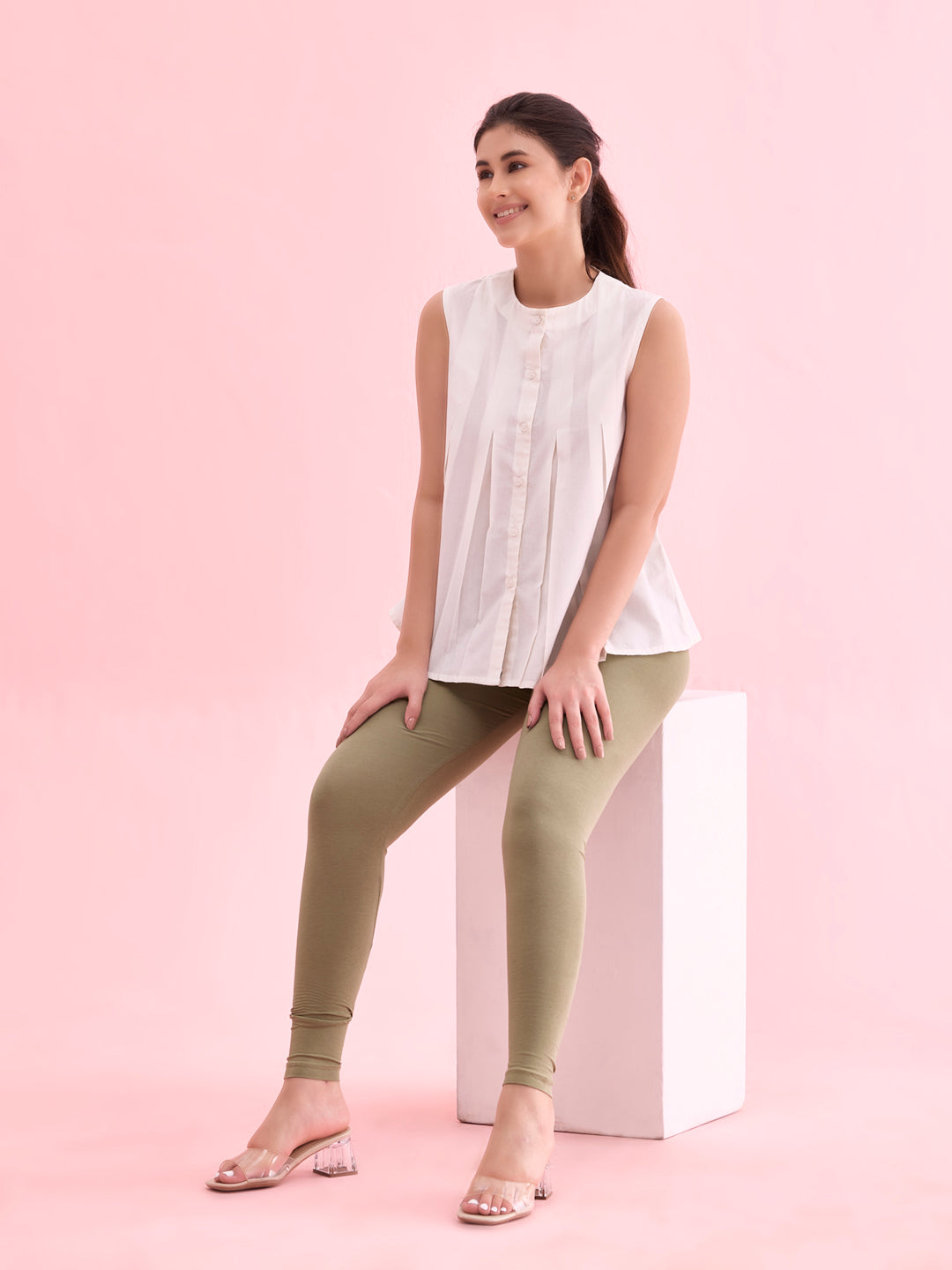 Dusty Green Cotton Stretch Ankle Length Leggings