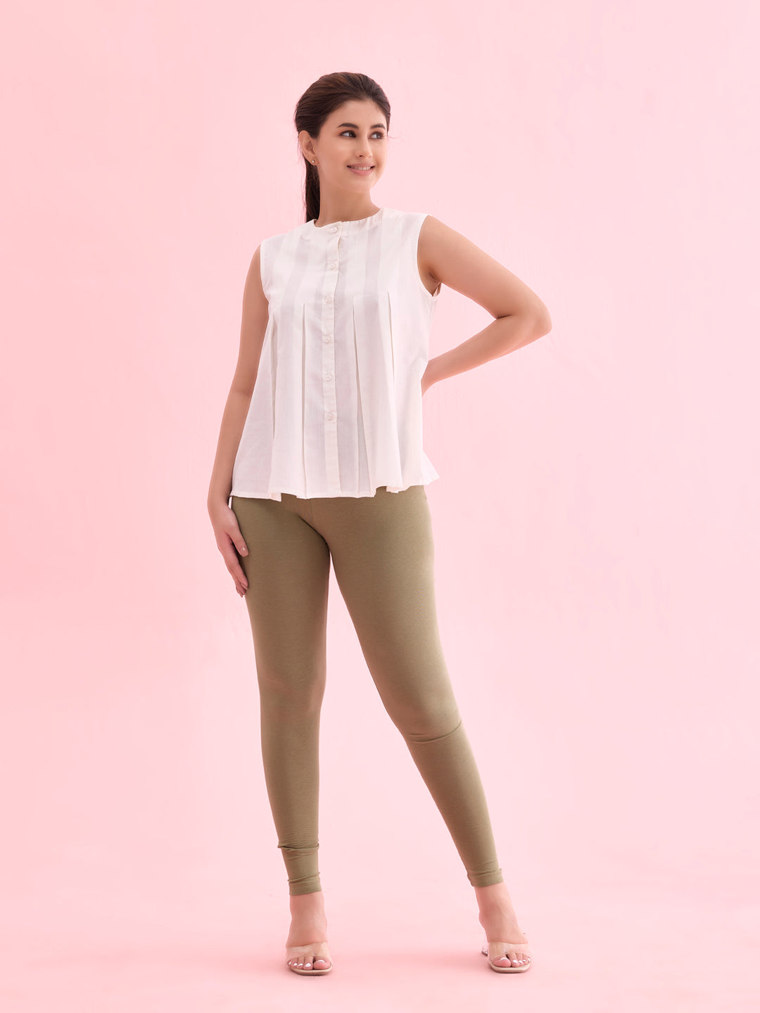 Dusty Green Cotton Stretch Ankle Length Leggings