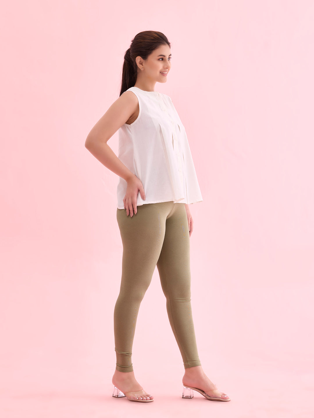 Dusty Green Cotton Stretch Ankle Length Leggings