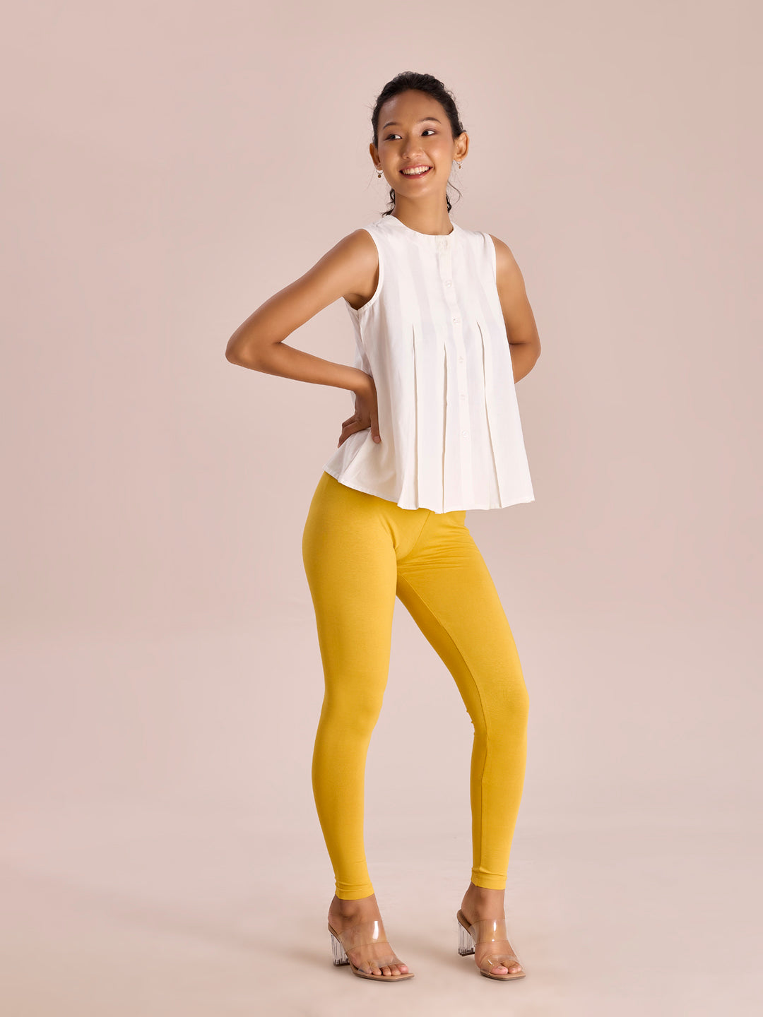 Golden Yellow Cotton Stretch Ankle Length Leggings