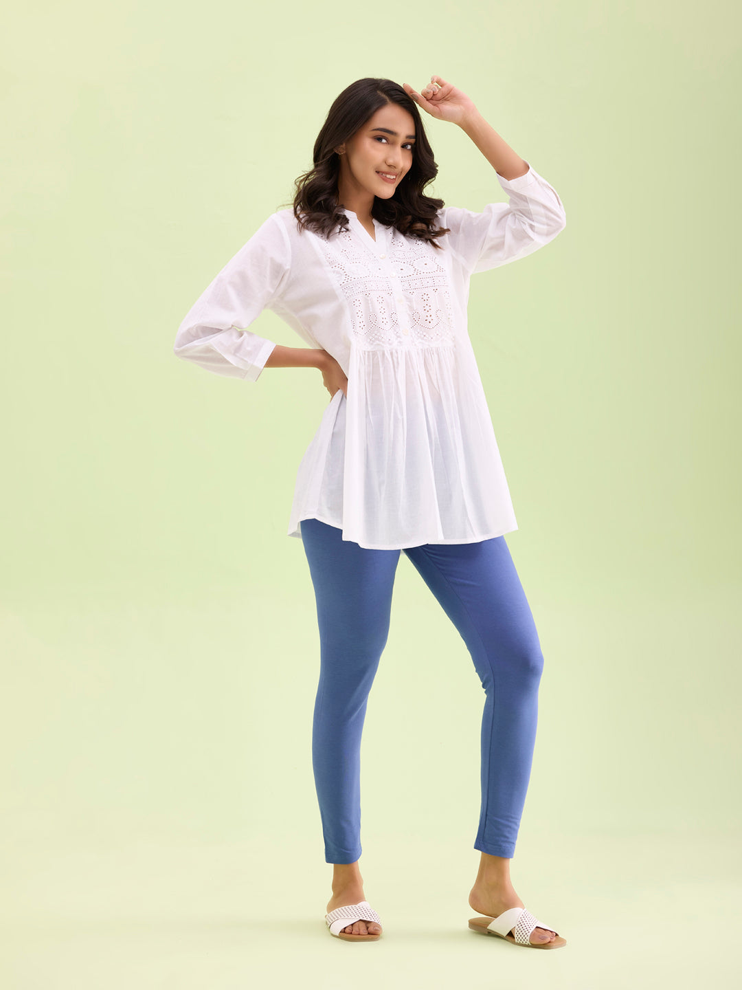 Jeans Blue Cotton Stretch Ankle Length Leggings – Go Colors India