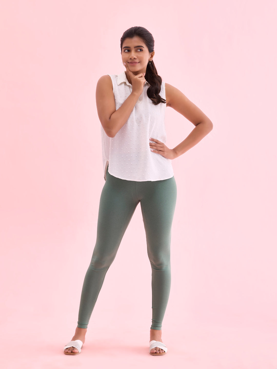 Leaf Green Cotton Stretch Ankle Length Leggings