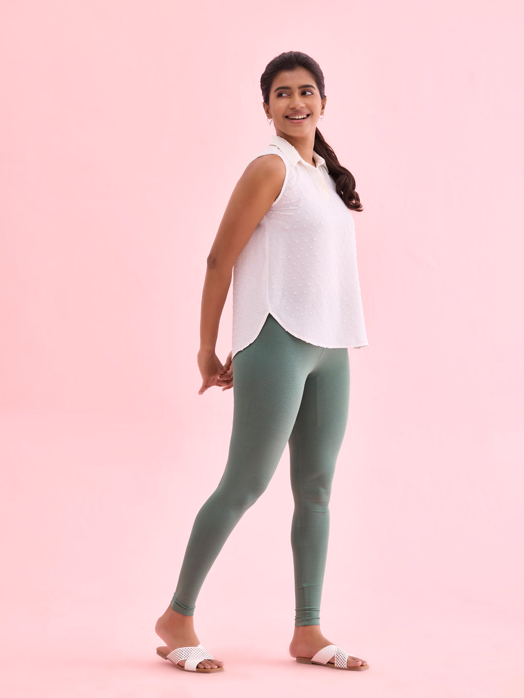 Leaf Green Cotton Stretch Ankle Length Leggings