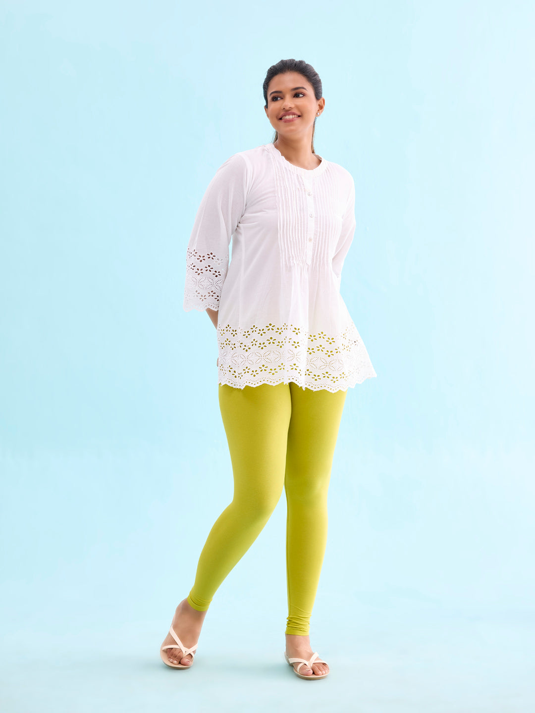 Lime Cotton Stretch Ankle Length Leggings