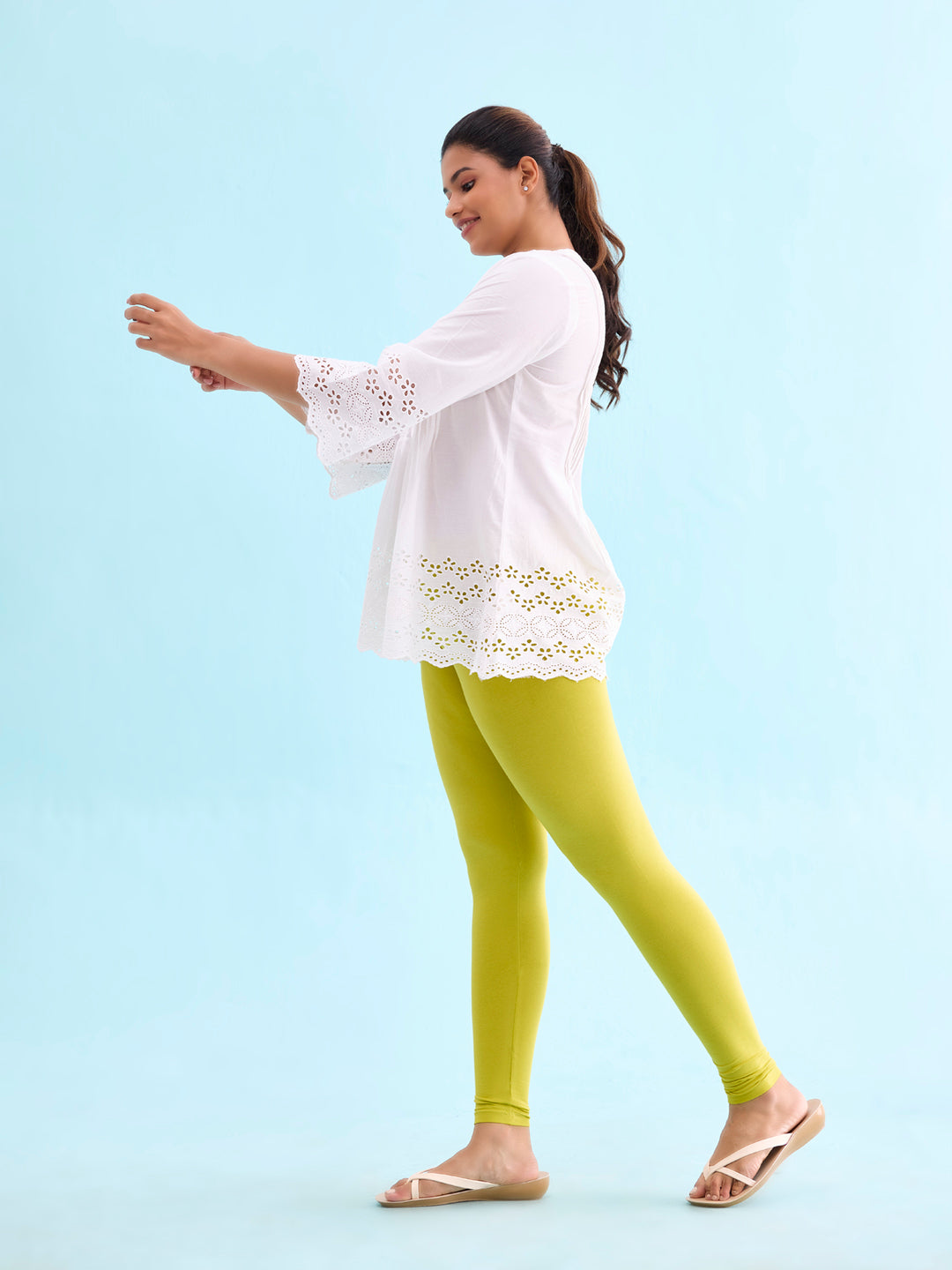 Lime Cotton Stretch Ankle Length Leggings