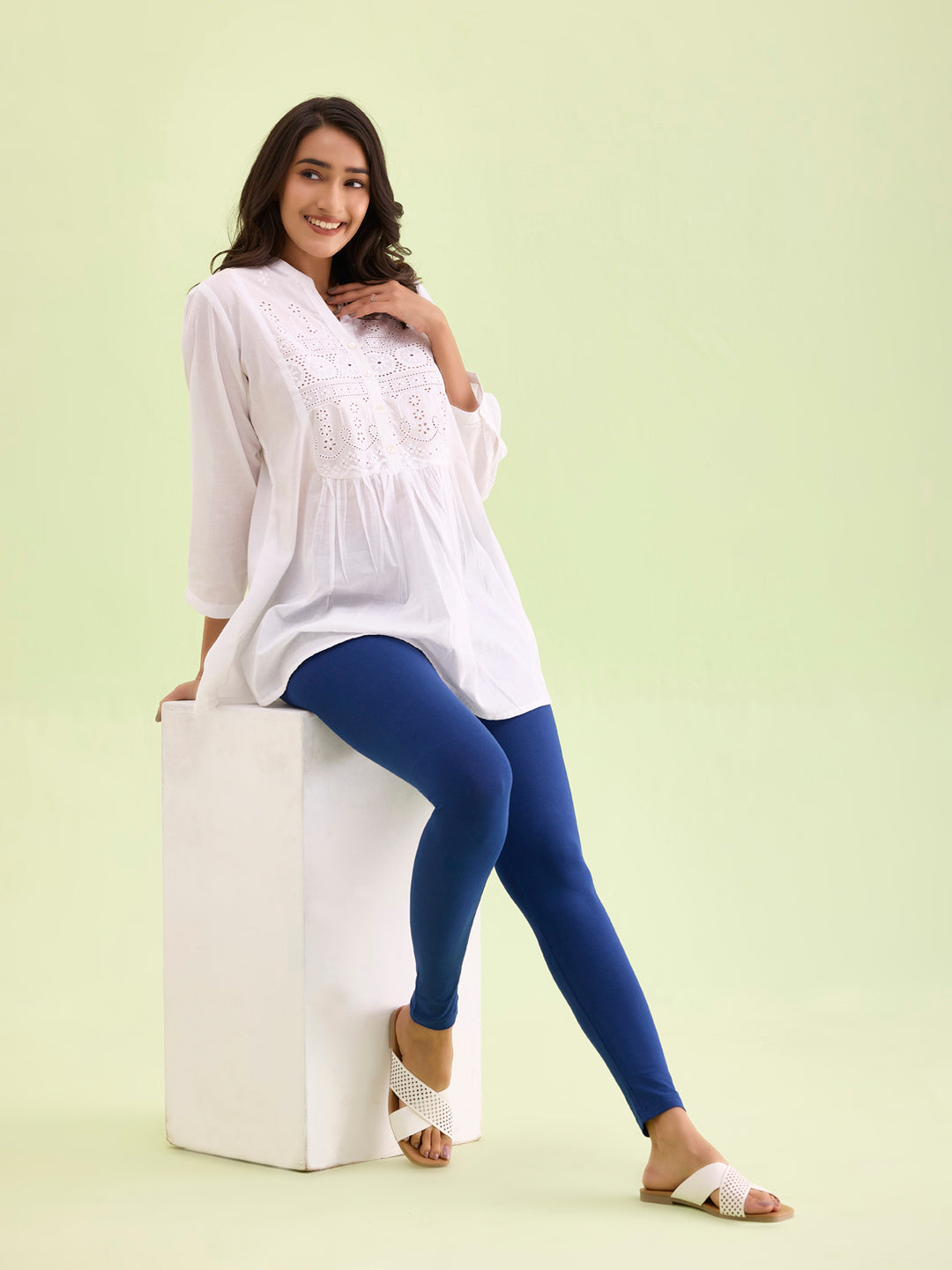 Light Ink Blue Cotton Stretch Ankle Length Leggings