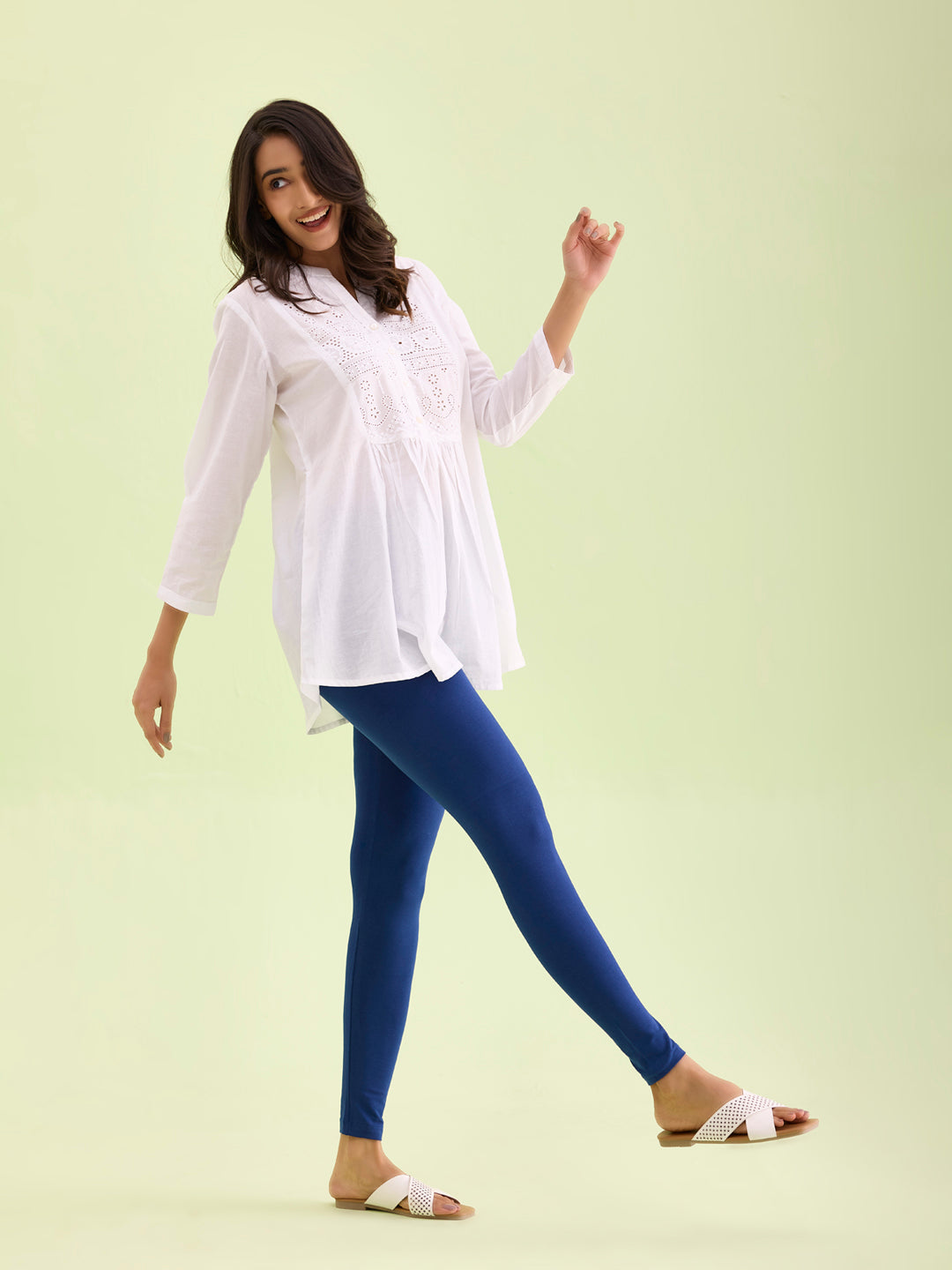 Light Ink Blue Cotton Stretch Ankle Length Leggings