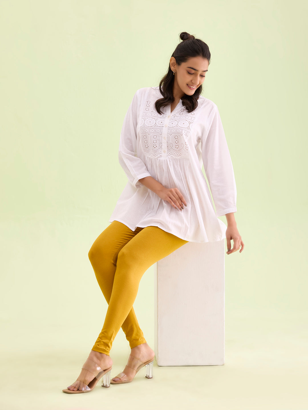 Light Mustard Cotton Stretch Ankle Length Leggings