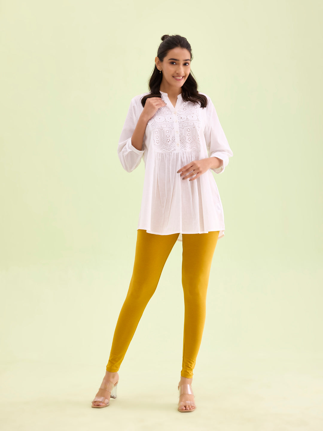 Light Mustard Cotton Stretch Ankle Length Leggings