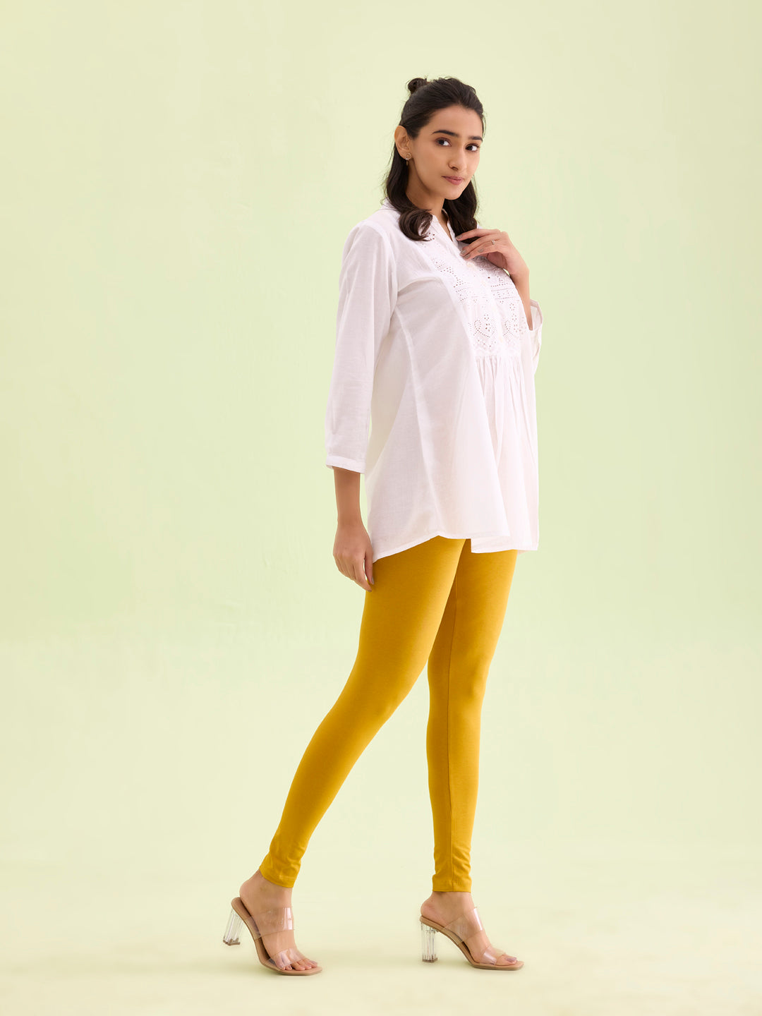 Light Mustard Cotton Stretch Ankle Length Leggings