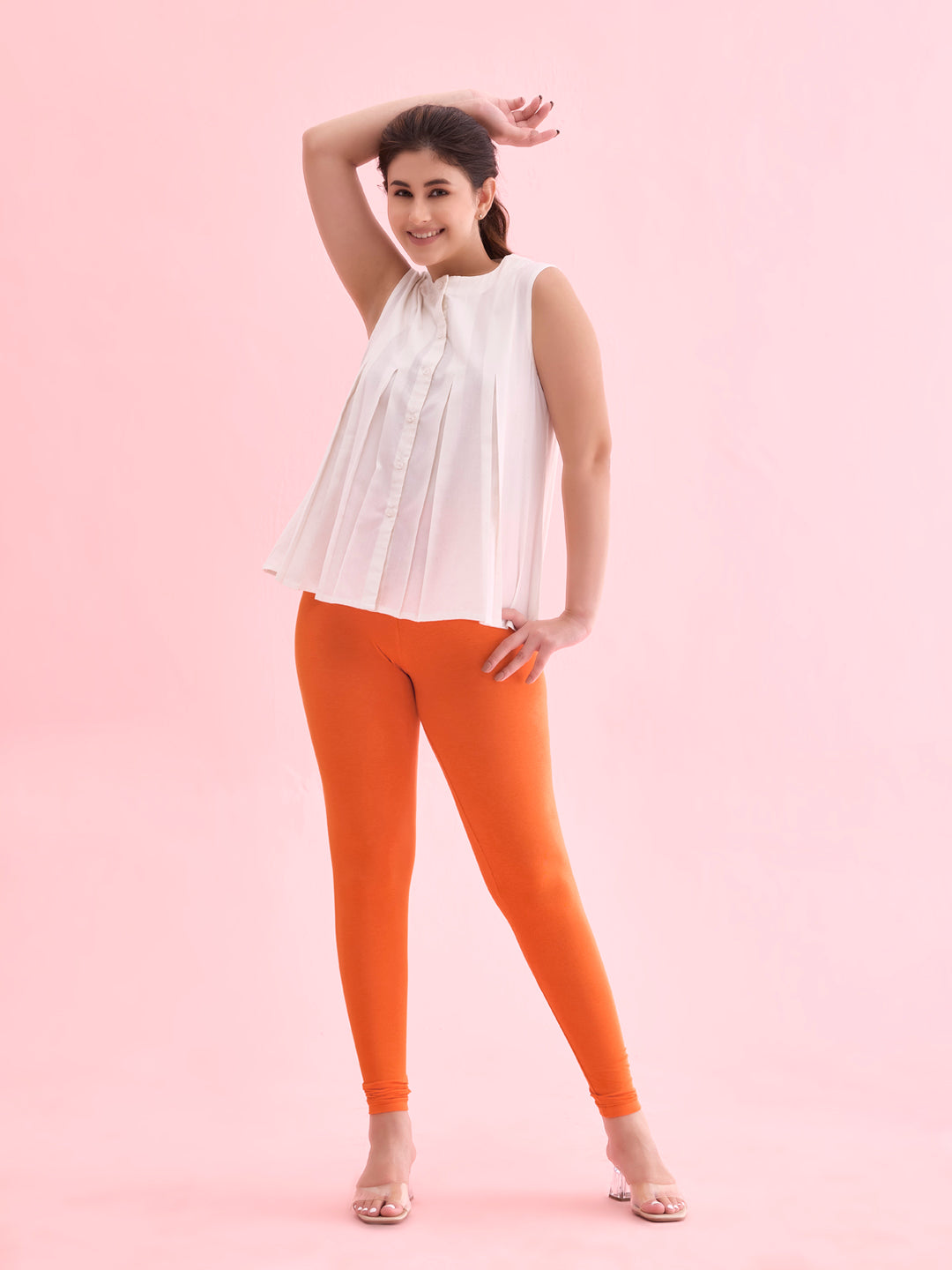 Light Orange Cotton Stretch Ankle Length Leggings