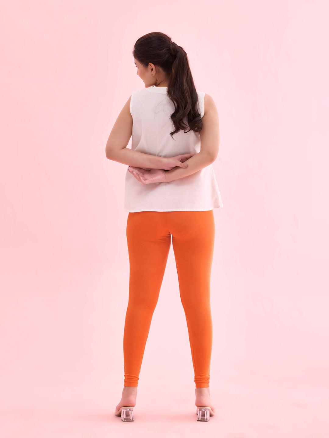 Light Orange Cotton Stretch Ankle Length Leggings