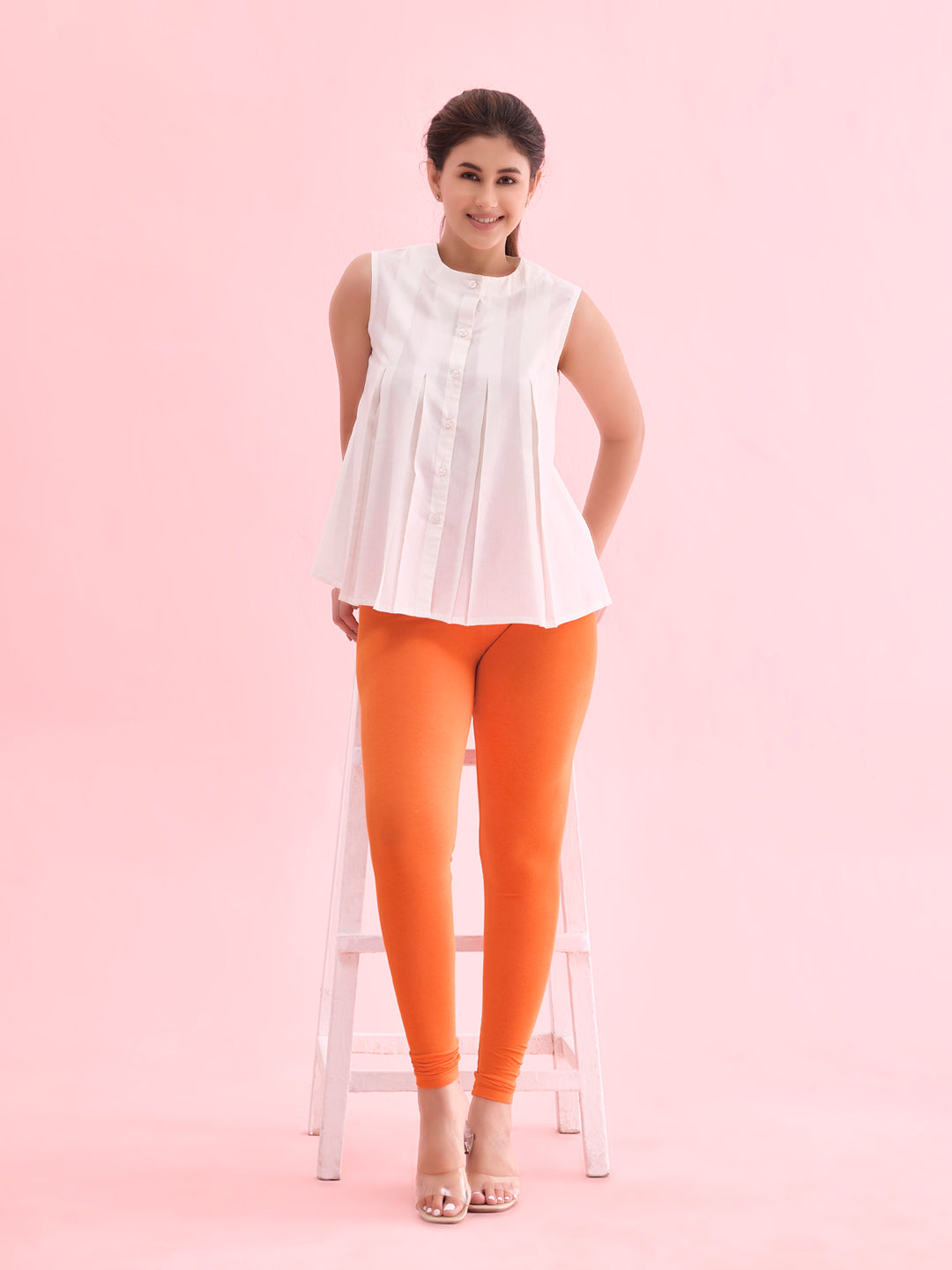 Light Orange Cotton Stretch Ankle Length Leggings