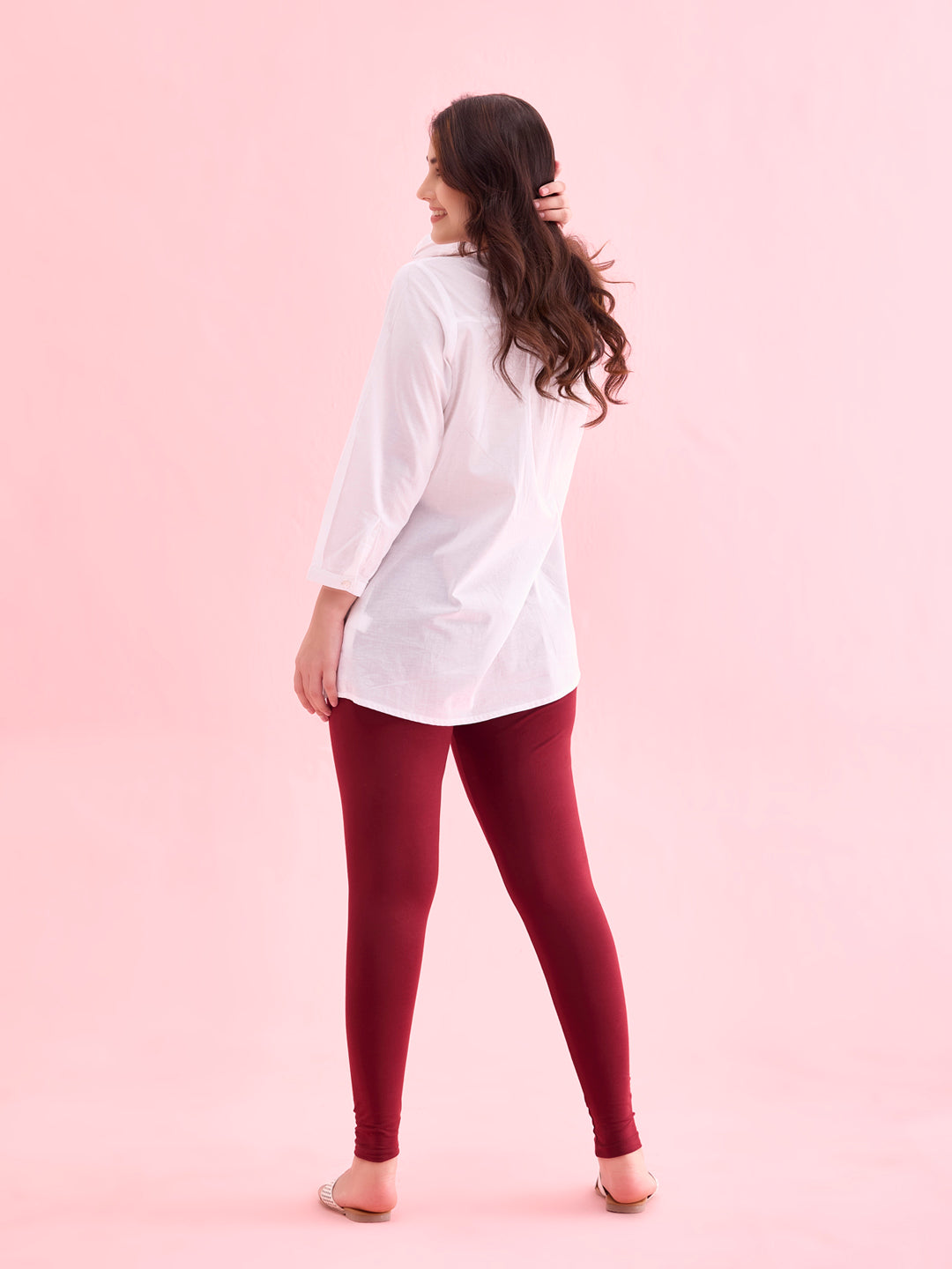Maroon Cotton Stretch Ankle Length Leggings S - Main Image