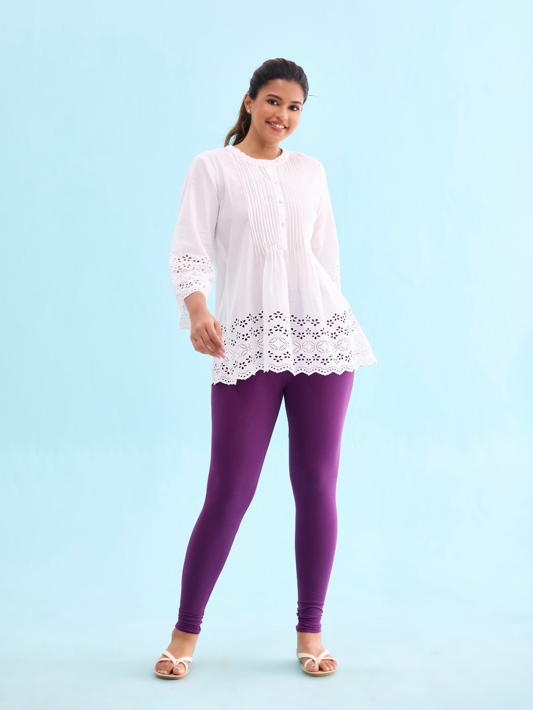 Medium Purple Cotton Stretch Ankle Length Leggings