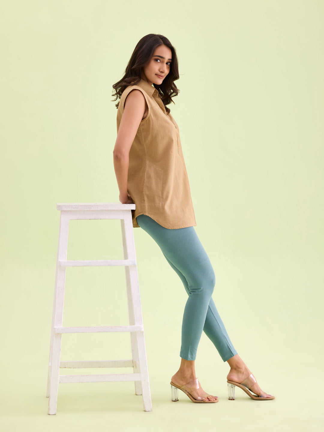 Ocean Green Cotton Stretch Ankle Length Leggings