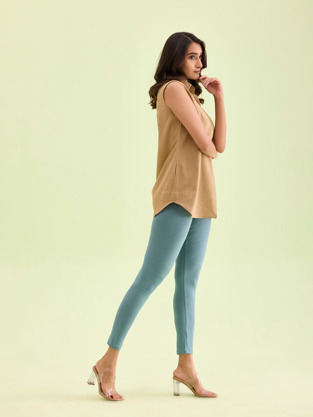 Ocean Green Cotton Stretch Ankle Length Leggings