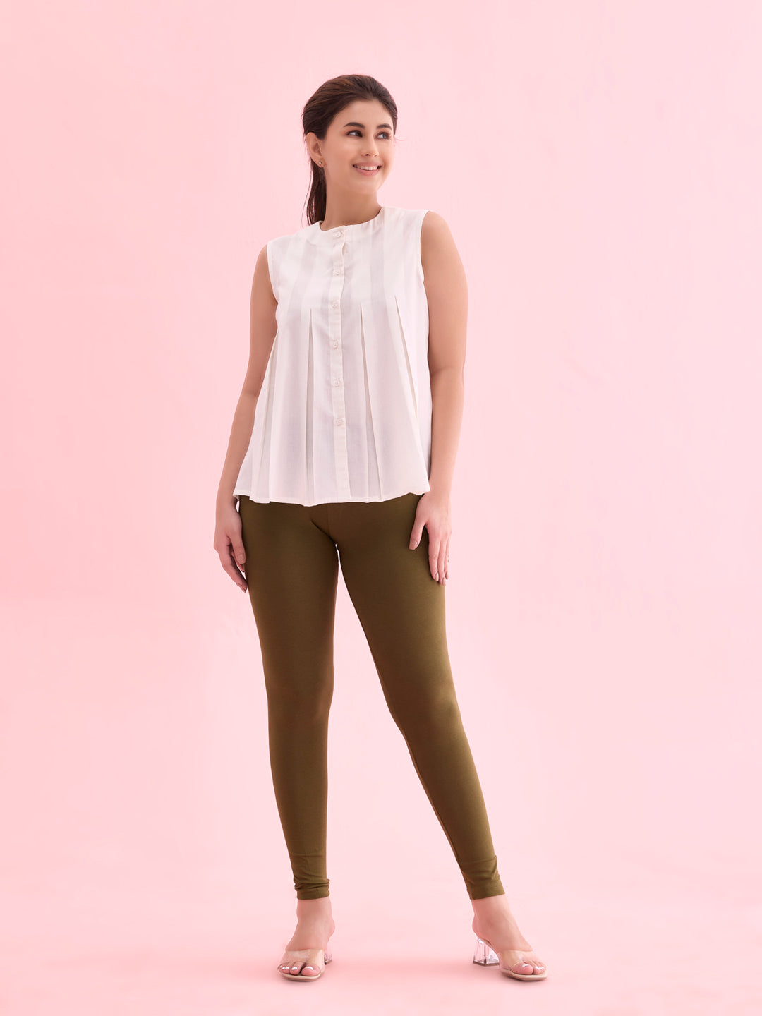 Olive Green Cotton Stretch Ankle Length Leggings